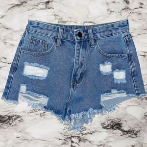 Shein Shorts High Rise Denim Distressed Frayed Hem Women XS Preppy Boho Summer